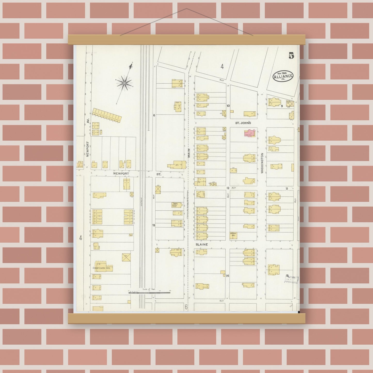 Old map wall art mockup — magnetic wood frame on brick wall — Sanborn Fire Insurance Map from Alliance, Northampton County, Pennsylvania (1904), Sheet #0005