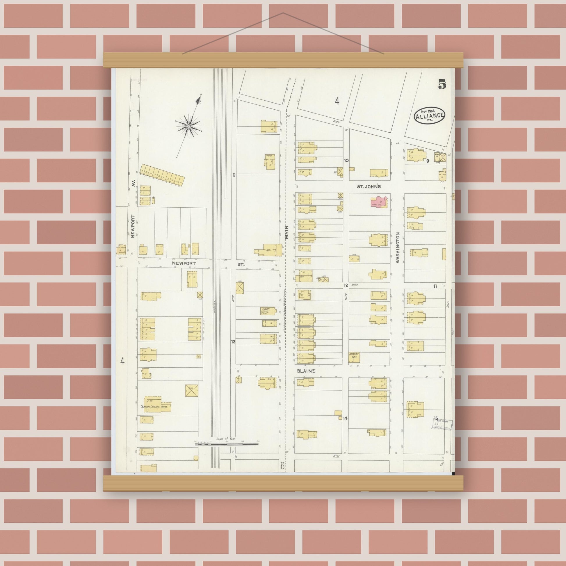 Old map wall art mockup — magnetic wood frame on brick wall — Sanborn Fire Insurance Map from Alliance, Northampton County, Pennsylvania (1904), Sheet #0005