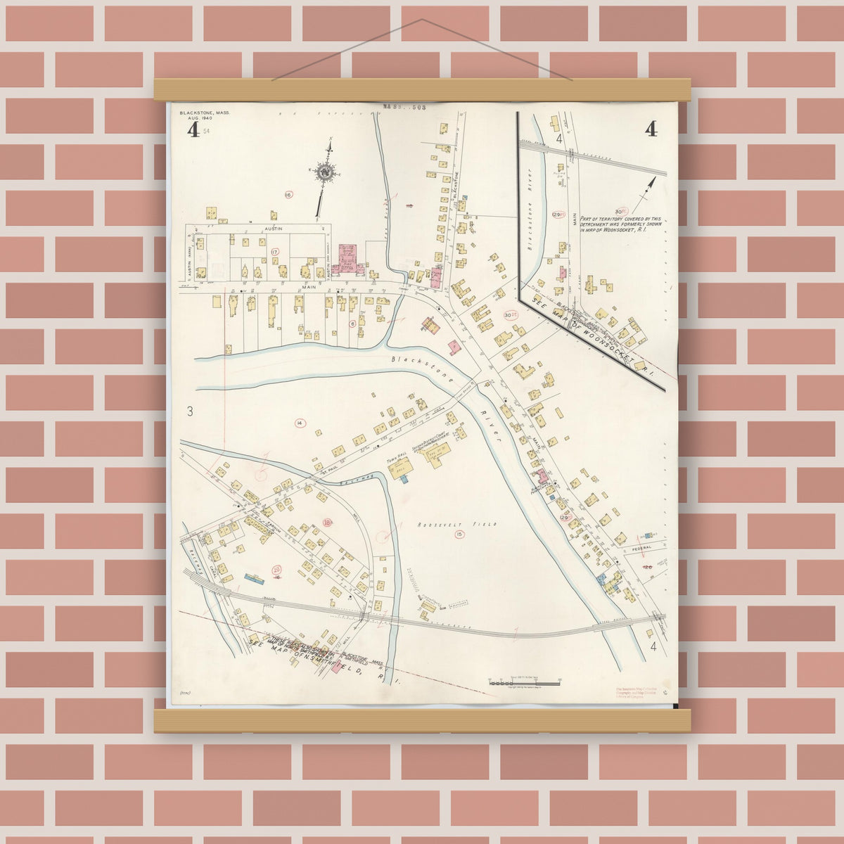 Old map wall art mockup — magnetic wood frame on brick wall — Sanborn Fire Insurance Map from Blackstone, Worcester County, Massachusetts (1948), Sheet #0004