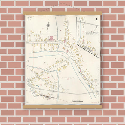 Old map wall art mockup — magnetic wood frame on brick wall — Sanborn Fire Insurance Map from Blackstone, Worcester County, Massachusetts (1948), Sheet #0004