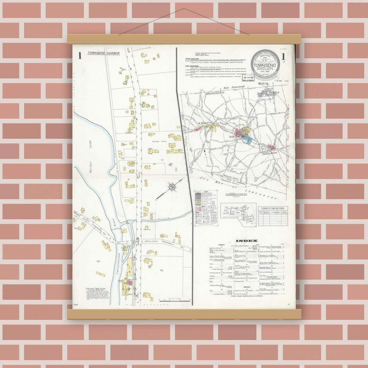 Old map wall art mockup — magnetic wood frame on brick wall — Sanborn Fire Insurance Map from Townsend, Middlesex County, Massachusetts (1936) - Complete Map Set