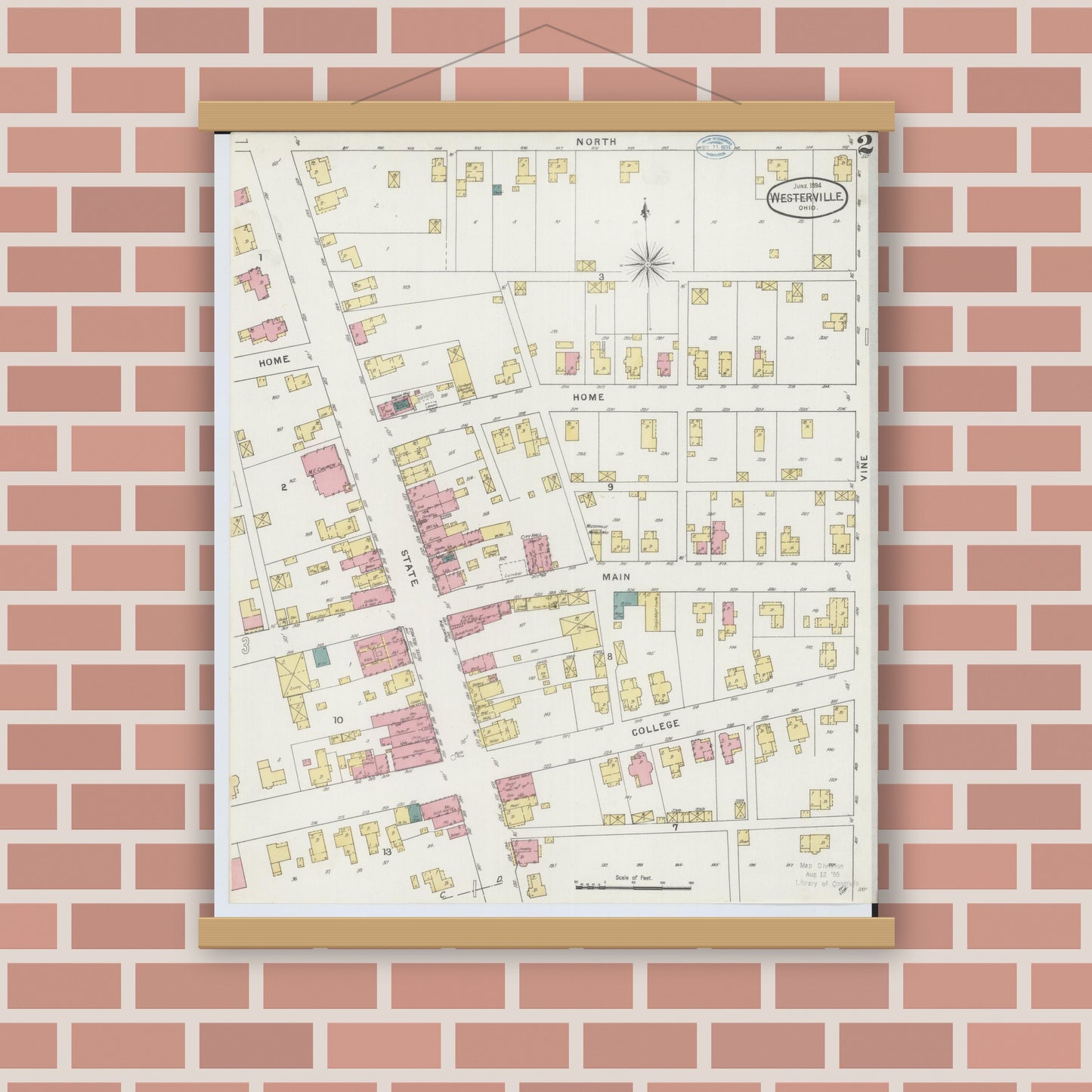Old map wall art mockup — magnetic wood frame on brick wall — Sanborn Fire Insurance Map from Westerville, Franklin County, Ohio (1894), Sheet #0002