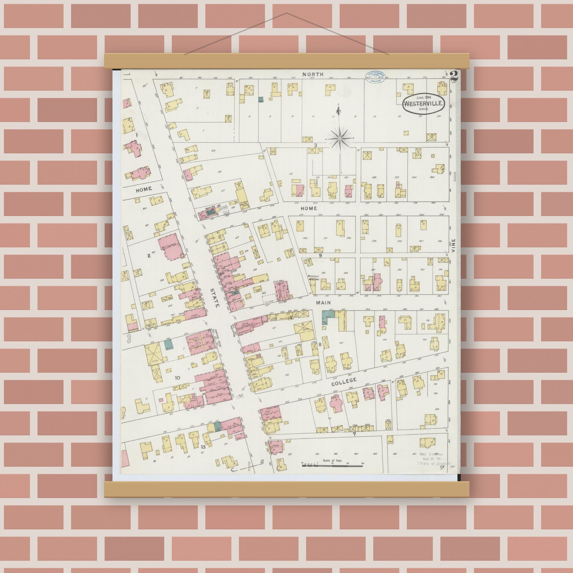 Old map wall art mockup — magnetic wood frame on brick wall — Sanborn Fire Insurance Map from Westerville, Franklin County, Ohio (1894), Sheet #0002