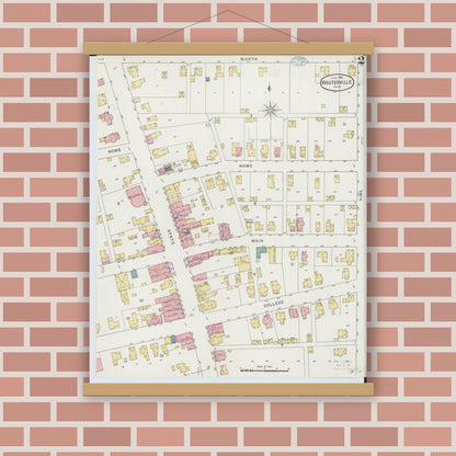 Old map wall art mockup — magnetic wood frame on brick wall — Sanborn Fire Insurance Map from Westerville, Franklin County, Ohio (1894), Sheet #0002