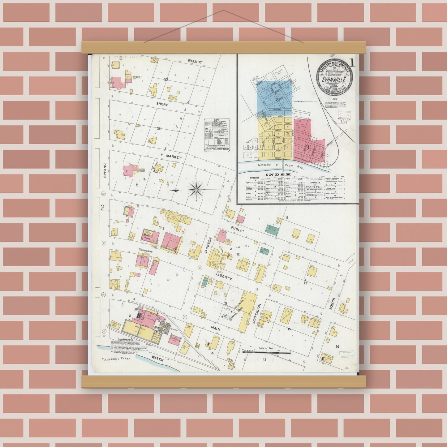 Old map wall art mockup — magnetic wood frame on brick wall — Sanborn Fire Insurance Map from Evansville, Randolph County, Illinois (1906), Sheet #0001