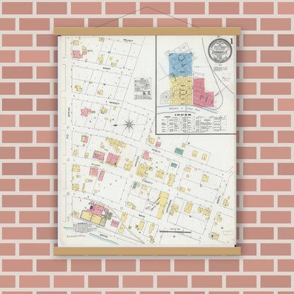 Old map wall art mockup — magnetic wood frame on brick wall — Sanborn Fire Insurance Map from Evansville, Randolph County, Illinois (1906), Sheet #0001