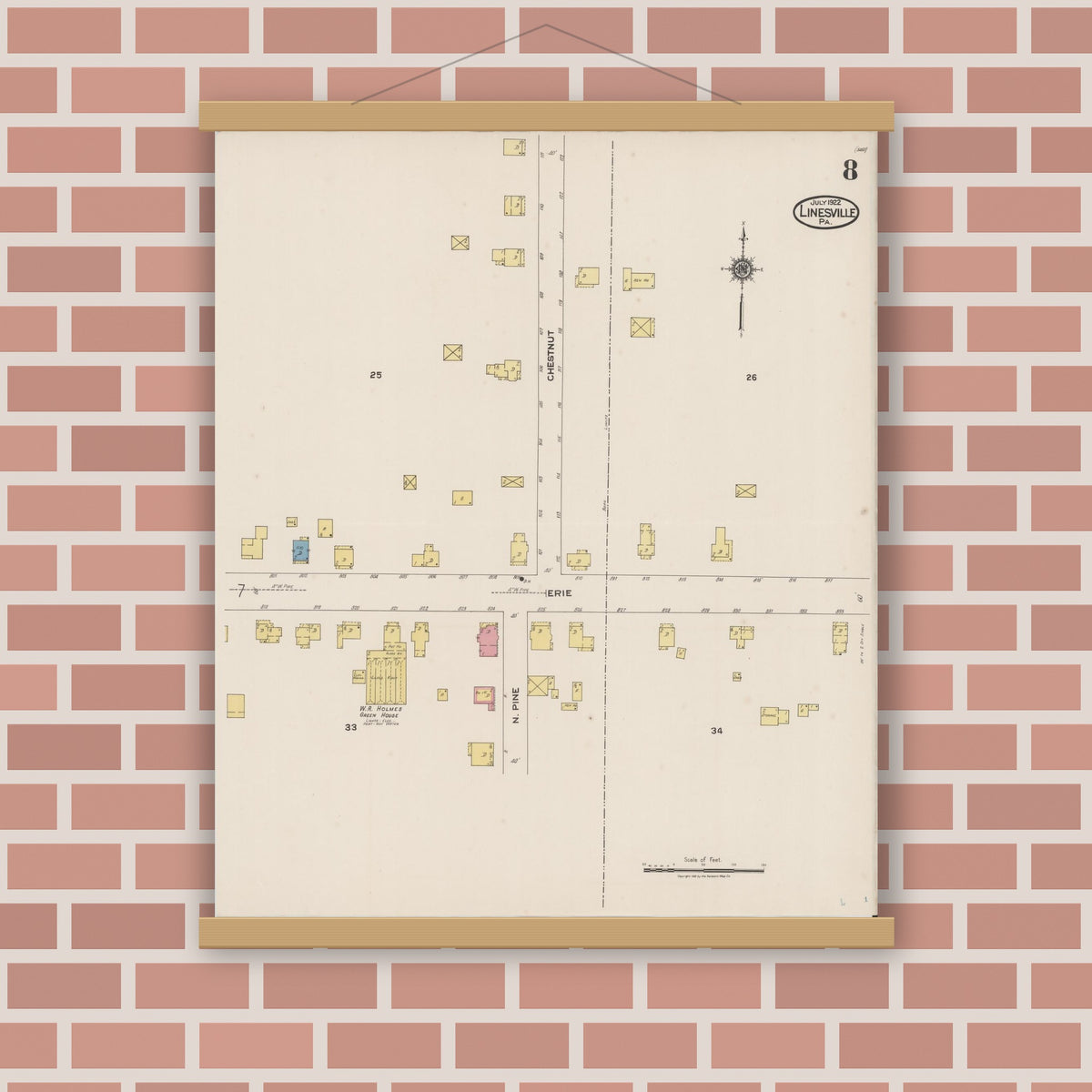 Old map wall art mockup — magnetic wood frame on brick wall — Sanborn Fire Insurance Map from Linesville, Crawford County, Pennsylvania (1922), Sheet #0008
