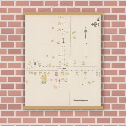Old map wall art mockup — magnetic wood frame on brick wall — Sanborn Fire Insurance Map from Linesville, Crawford County, Pennsylvania (1922), Sheet #0008