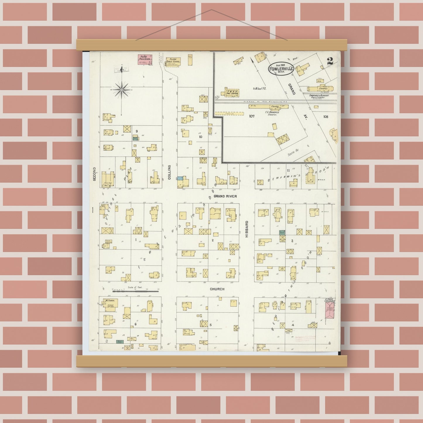 Old map wall art mockup — magnetic wood frame on brick wall — Sanborn Fire Insurance Map from Fowlerville, Livingston County, Michigan (1901), Sheet #0002