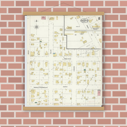 Old map wall art mockup — magnetic wood frame on brick wall — Sanborn Fire Insurance Map from Fowlerville, Livingston County, Michigan (1901), Sheet #0002