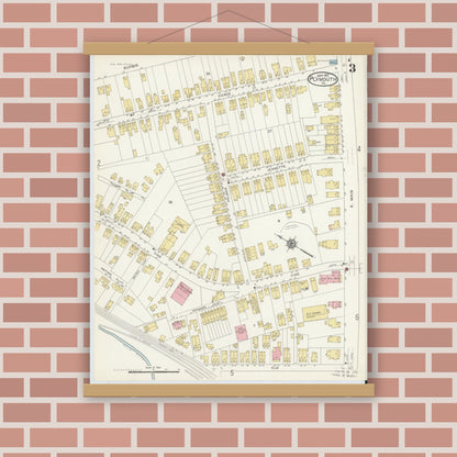 Old map wall art mockup — magnetic wood frame on brick wall — Sanborn Fire Insurance Map from Plymouth, Luzerne County, Pennsylvania (1912), Sheet #0003