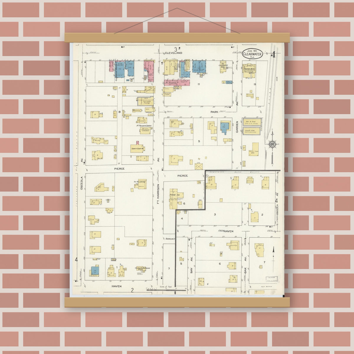 Old map wall art mockup — magnetic wood frame on brick wall — Sanborn Fire Insurance Map from Clearwater, Pinellas County, Florida (1913), Sheet #0004