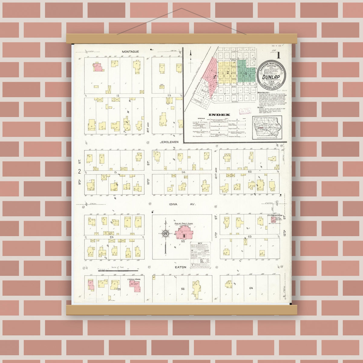 Old map wall art mockup — magnetic wood frame on brick wall — Sanborn Fire Insurance Map from Dunlap, Harrison County, Iowa (1913) â€” Complete Set