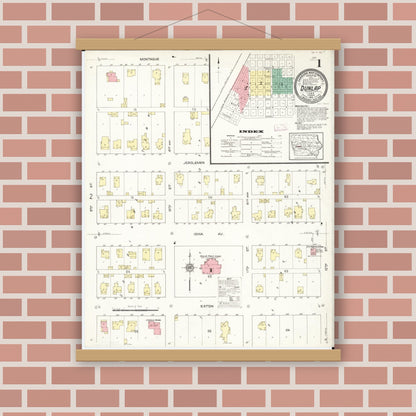 Old map wall art mockup — magnetic wood frame on brick wall — Sanborn Fire Insurance Map from Dunlap, Harrison County, Iowa (1913) â€” Complete Set