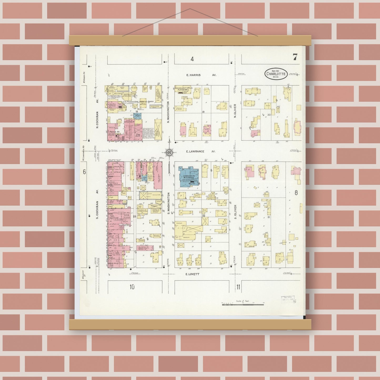 Old map wall art mockup — magnetic wood frame on brick wall — Sanborn Fire Insurance Map from Charlotte, Eaton County, Michigan (1911), Sheet #0007
