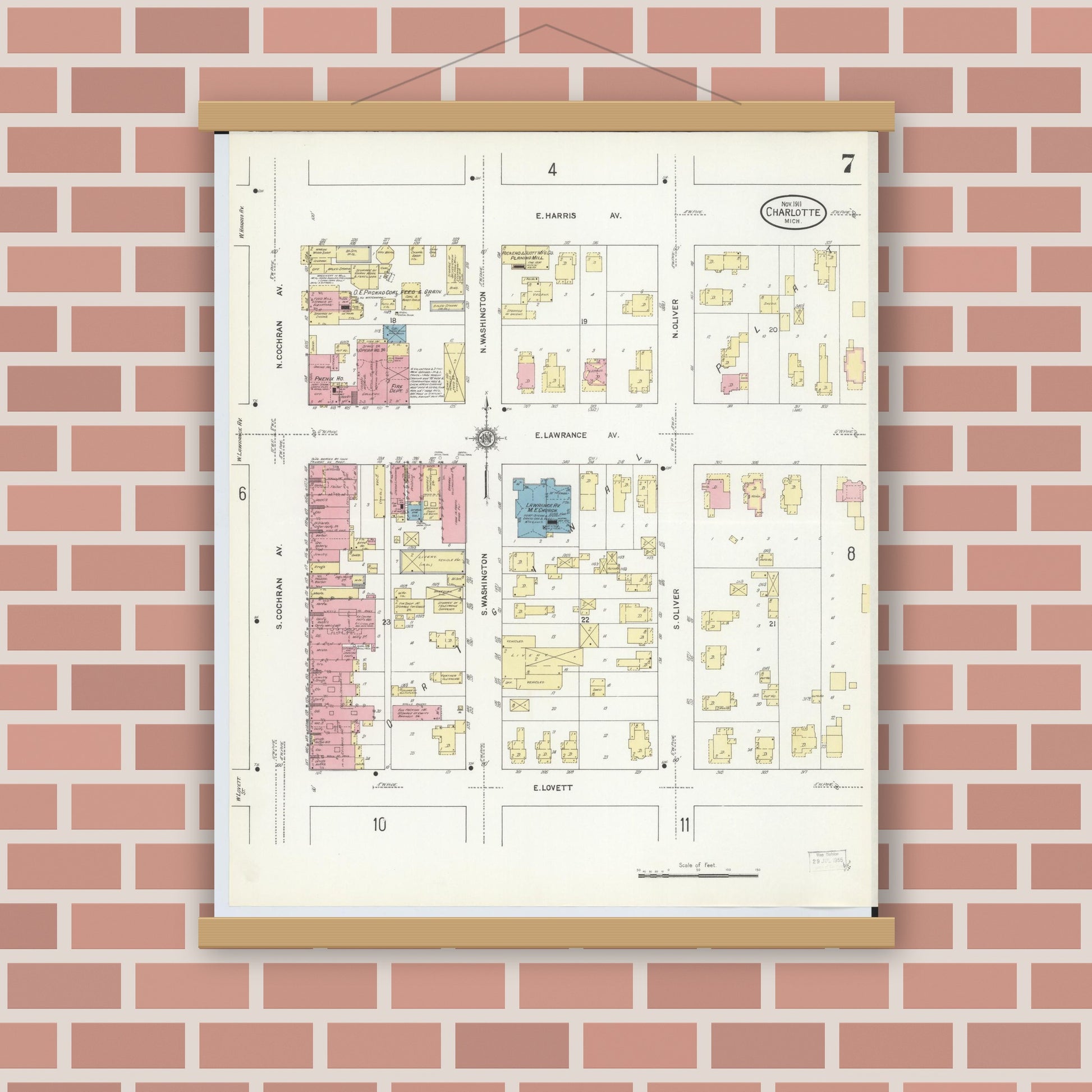 Old map wall art mockup — magnetic wood frame on brick wall — Sanborn Fire Insurance Map from Charlotte, Eaton County, Michigan (1911), Sheet #0007