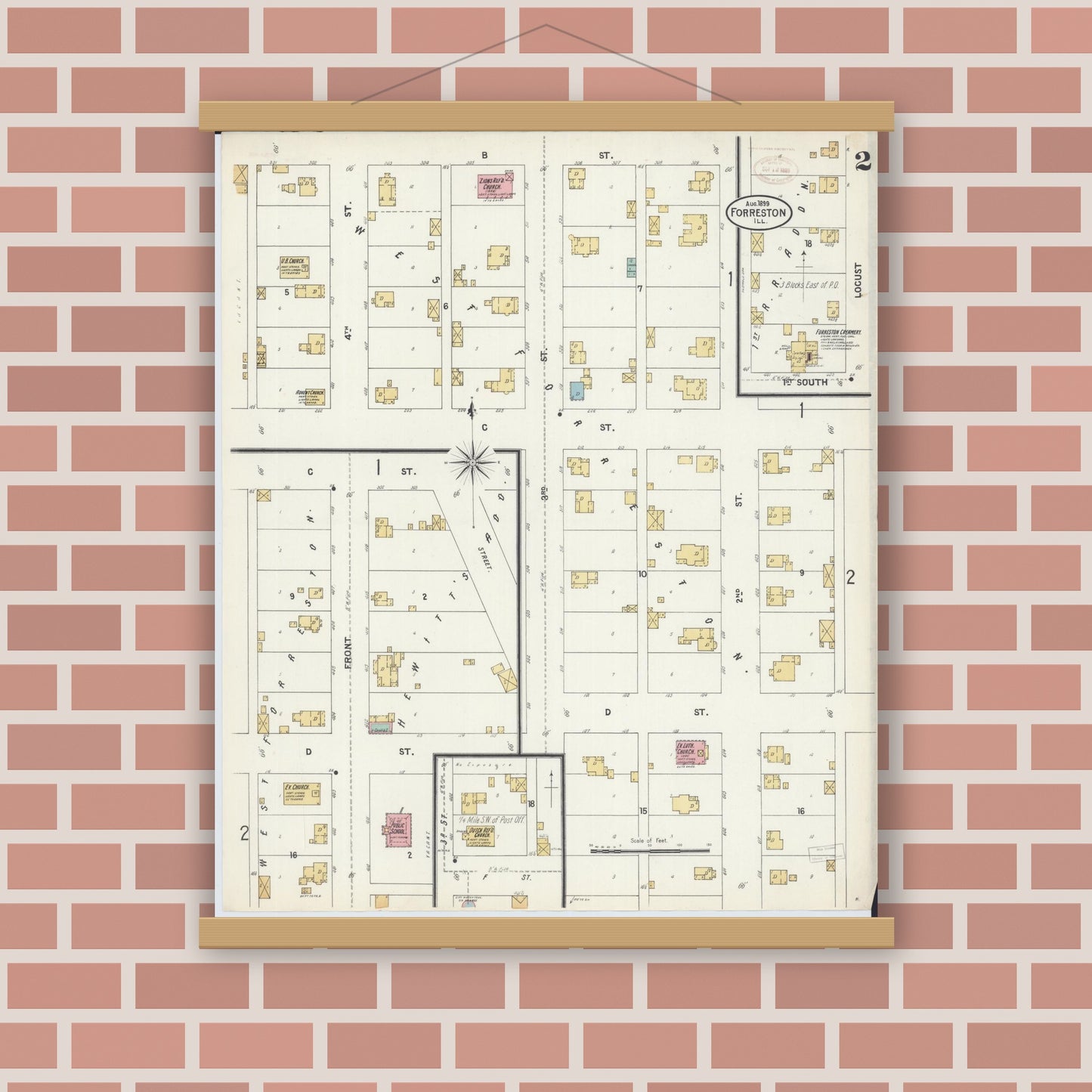 Old map wall art mockup — magnetic wood frame on brick wall — Sanborn Fire Insurance Map from Forreston, Ogle County, Illinois (1899), Sheet #0002