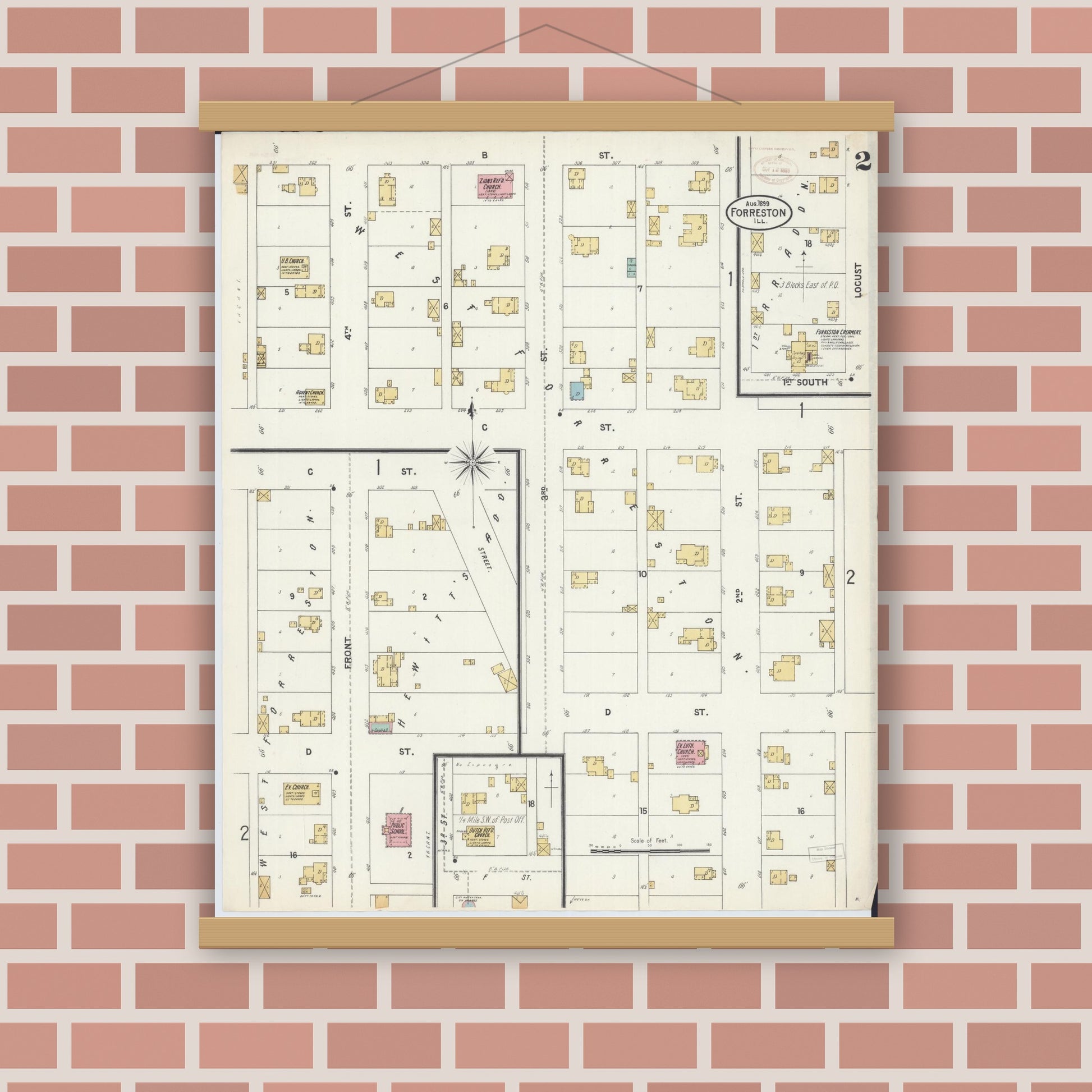 Old map wall art mockup — magnetic wood frame on brick wall — Sanborn Fire Insurance Map from Forreston, Ogle County, Illinois (1899), Sheet #0002