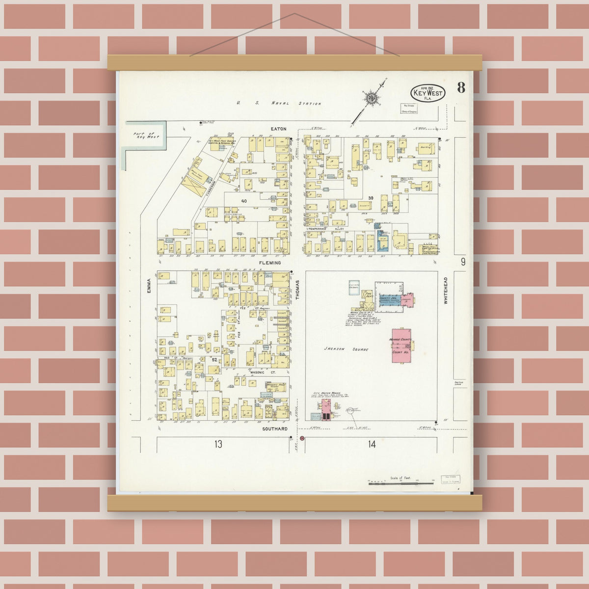 Old map wall art mockup — magnetic wood frame on brick wall — Sanborn Fire Insurance Map from Key West, Monroe County, Florida (1912), Sheet #0008