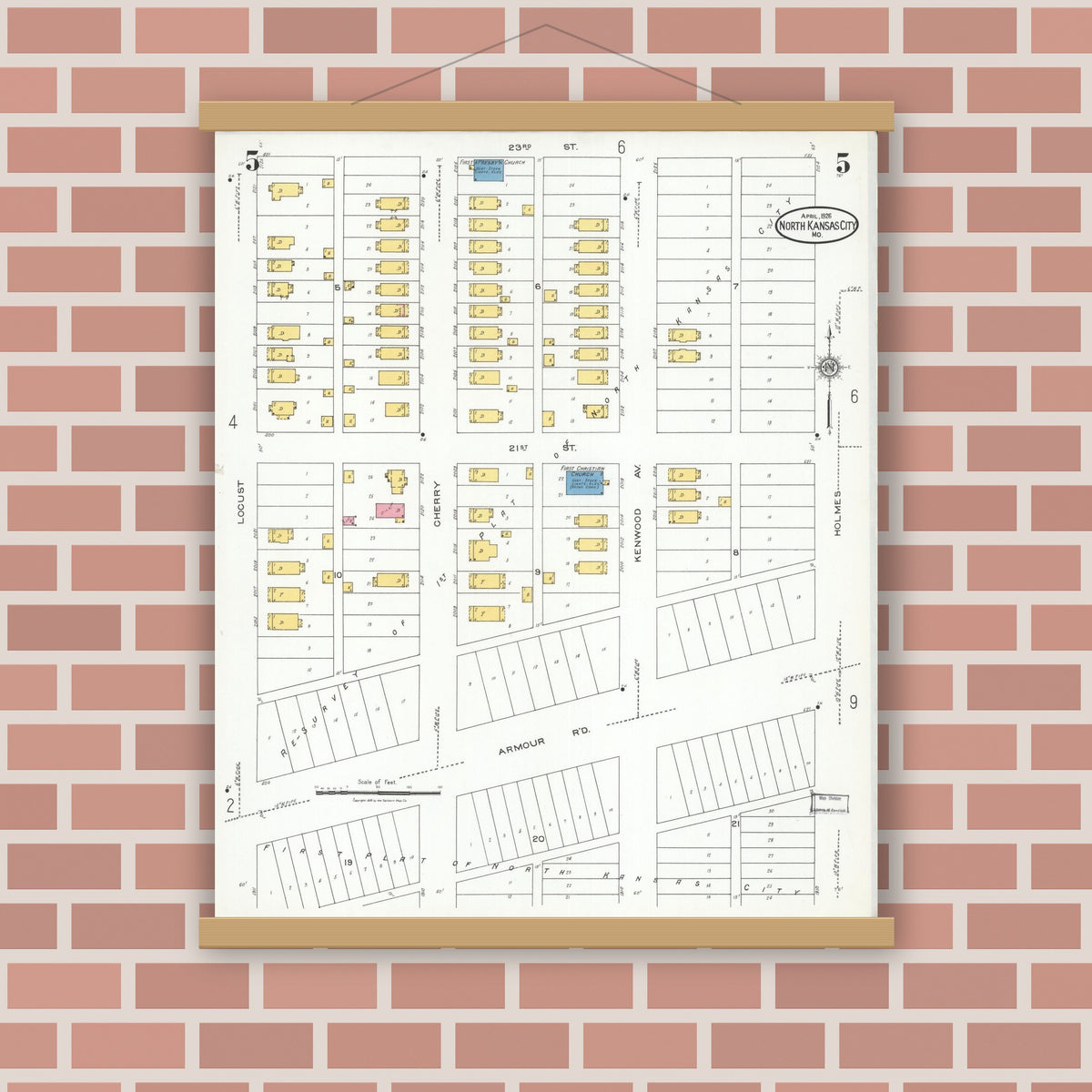 Old map wall art mockup — magnetic wood frame on brick wall — Sanborn Fire Insurance Map from North Kansas City, Clay County, Missouri (1926), Sheet #0005