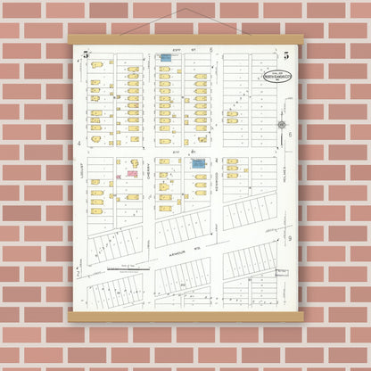 Old map wall art mockup — magnetic wood frame on brick wall — Sanborn Fire Insurance Map from North Kansas City, Clay County, Missouri (1926), Sheet #0005