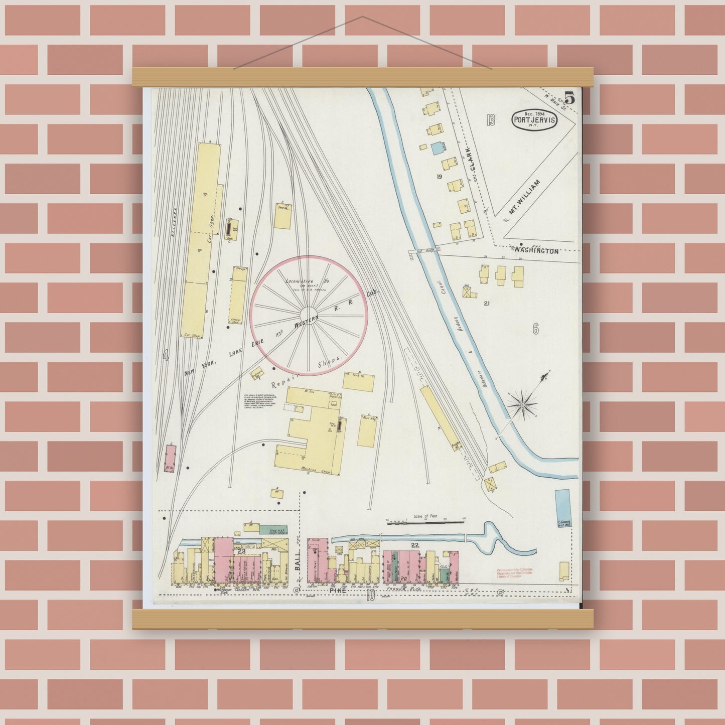 Old map wall art mockup — magnetic wood frame on brick wall — Sanborn Fire Insurance Map from Port Jervis, Orange County, New York (1894), Sheet #0005