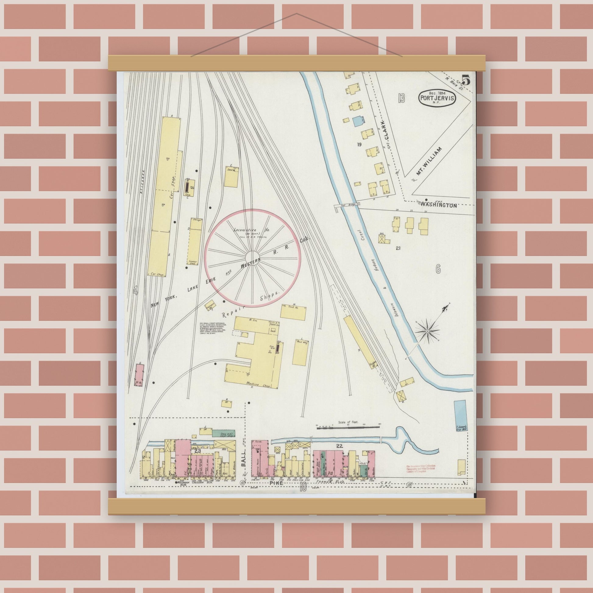 Old map wall art mockup — magnetic wood frame on brick wall — Sanborn Fire Insurance Map from Port Jervis, Orange County, New York (1894), Sheet #0005