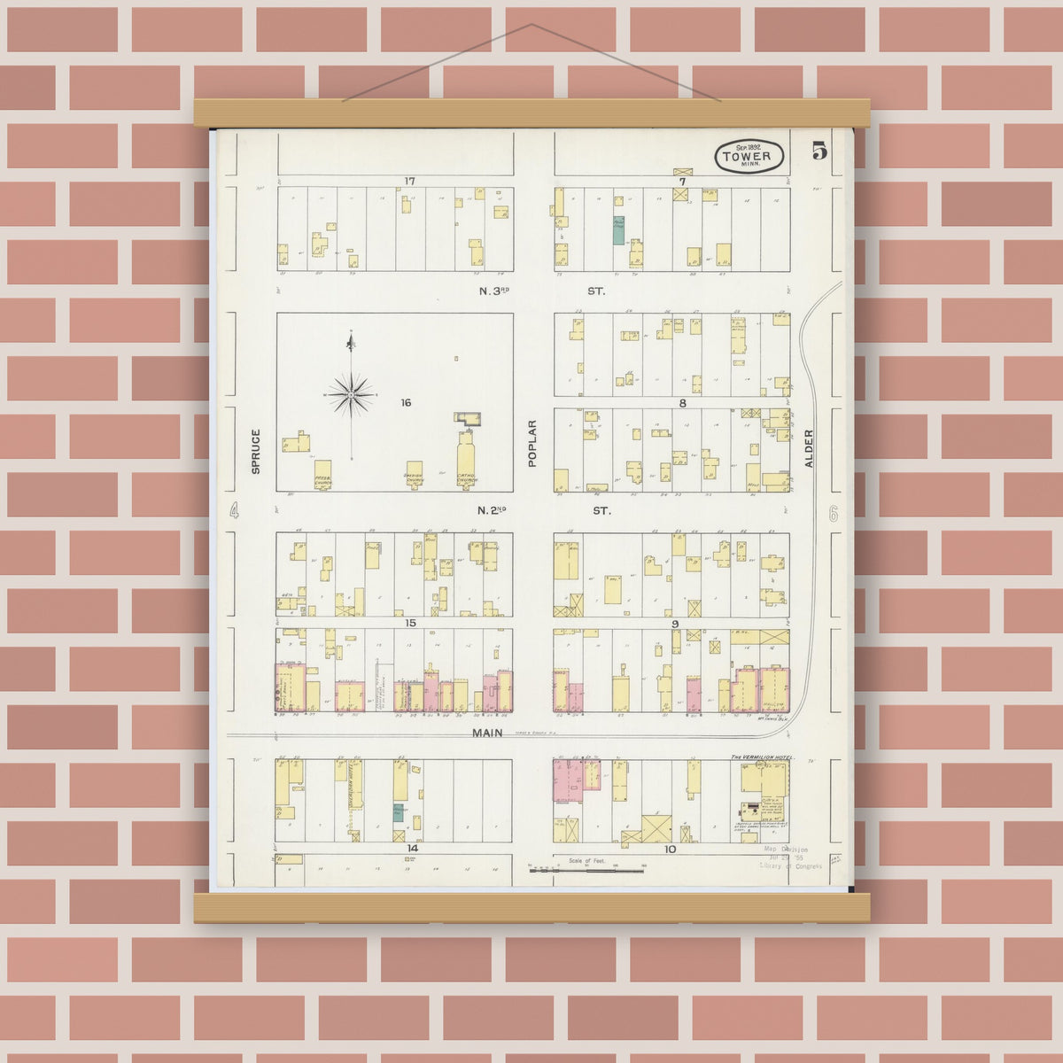 Old map wall art mockup — magnetic wood frame on brick wall — Sanborn Fire Insurance Map from Tower, Saint Louis County, Minnesota (1892), Sheet #0005