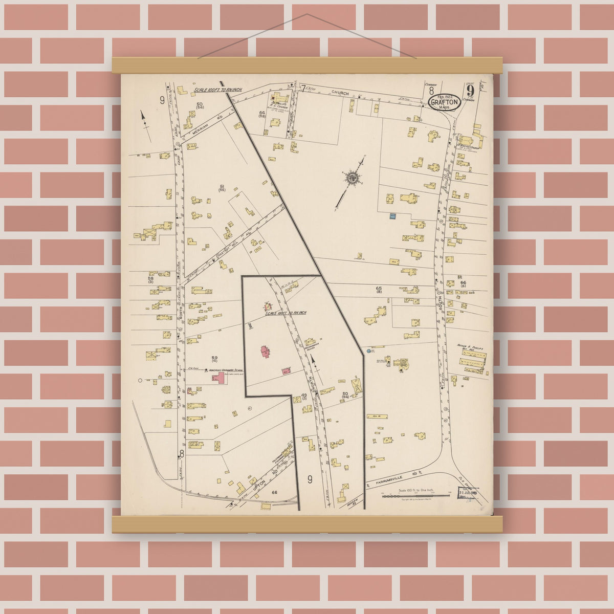 Old map wall art mockup — magnetic wood frame on brick wall — Sanborn Fire Insurance Map from Grafton, Worcester County, Massachusetts (1922), Sheet #0009