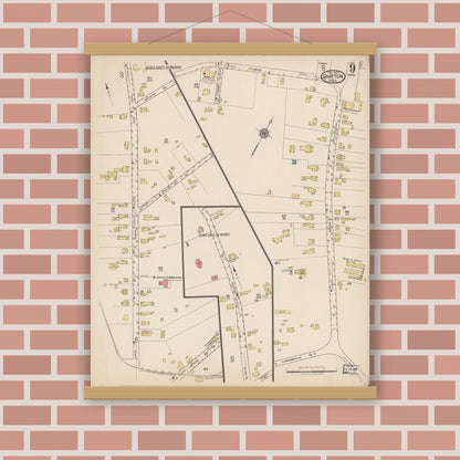 Old map wall art mockup — magnetic wood frame on brick wall — Sanborn Fire Insurance Map from Grafton, Worcester County, Massachusetts (1922), Sheet #0009