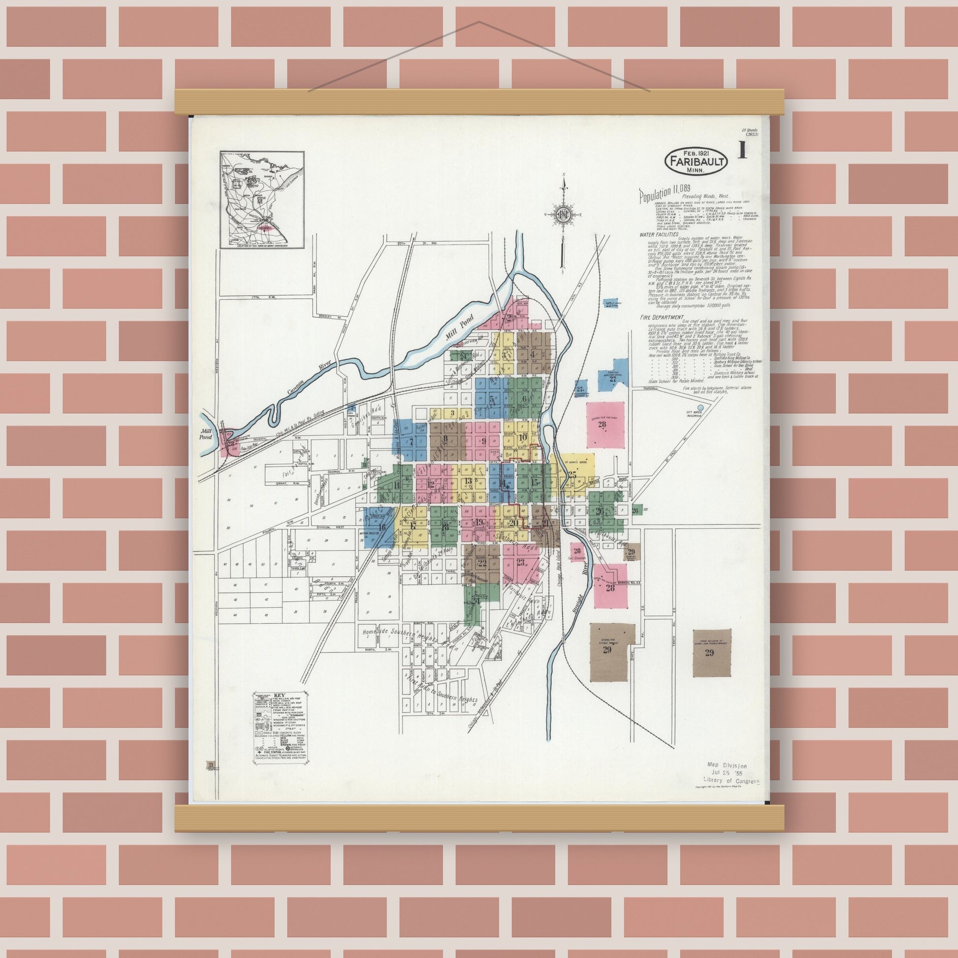 Old map wall art mockup — magnetic wood frame on brick wall — Sanborn Fire Insurance Map from Faribault, Rice County, Minnesota (1921) - Complete Map Set