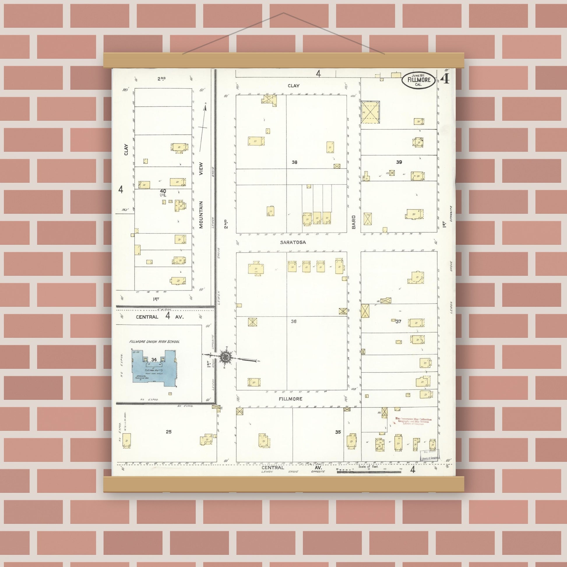 Old map wall art mockup — magnetic wood frame on brick wall — Sanborn Fire Insurance Map from Fillmore, Ventura County, California (1911), Sheet #0004