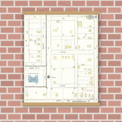 Old map wall art mockup — magnetic wood frame on brick wall — Sanborn Fire Insurance Map from Fillmore, Ventura County, California (1911), Sheet #0004
