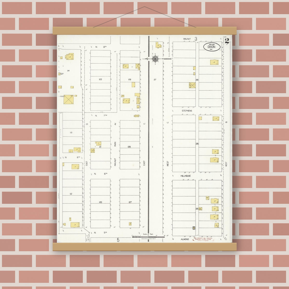 Old map wall art mockup — magnetic wood frame on brick wall — Sanborn Fire Insurance Map from Dixon, Solano County, California (1921), Sheet #0002
