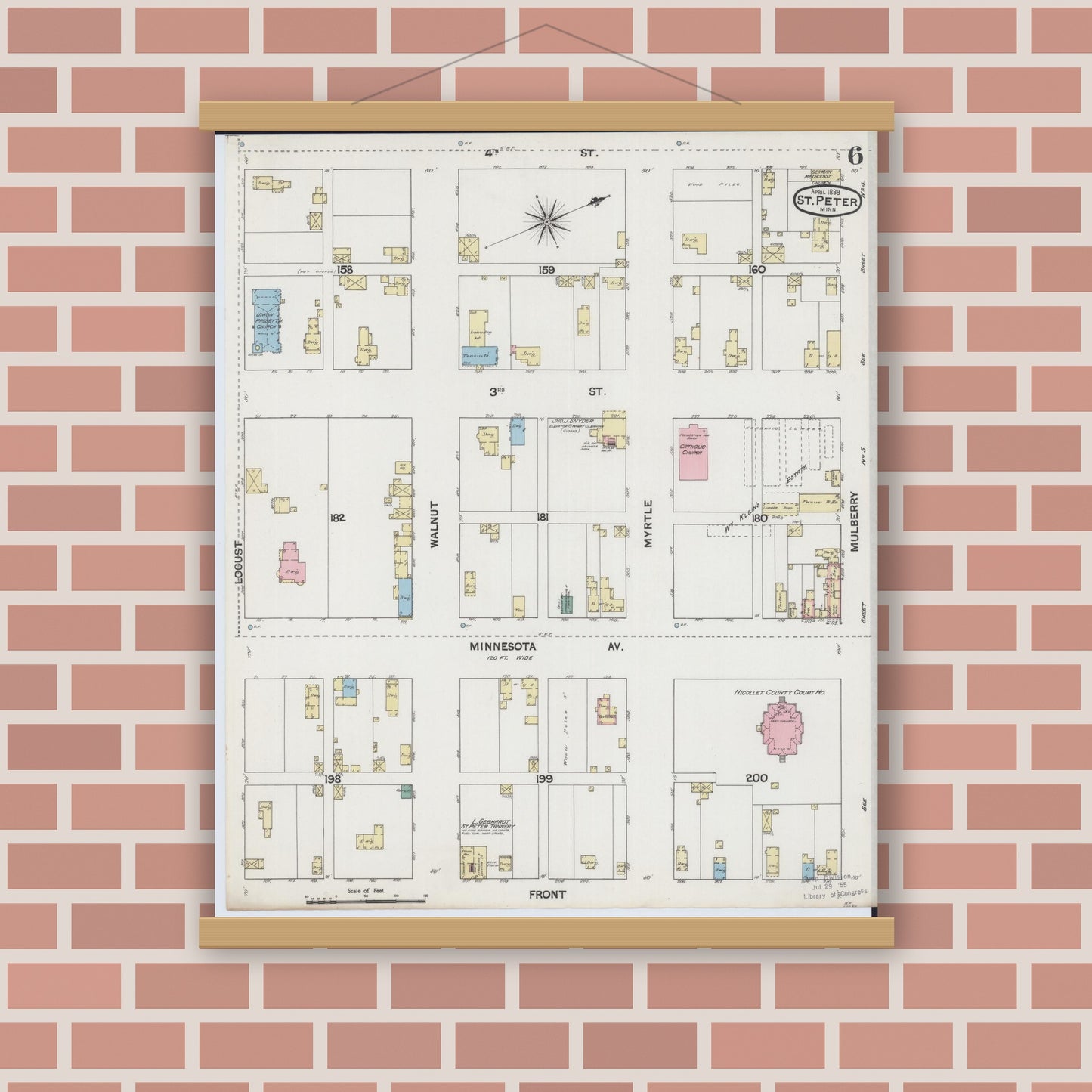 Old map wall art mockup — magnetic wood frame on brick wall — Sanborn Fire Insurance Map from Saint Peter, Nicollet County, Minnesota (1889), Sheet #0006