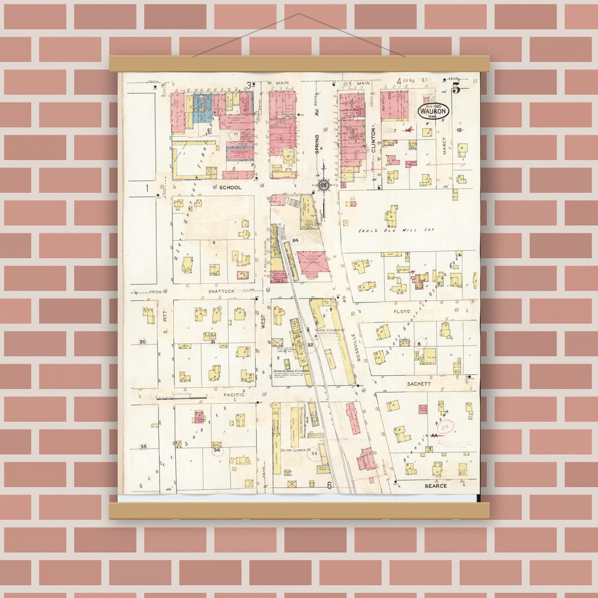 Old map wall art mockup — magnetic wood frame on brick wall — Sanborn Fire Insurance Map from Waukon, Allamakee County, Iowa (1934), Sheet #0005