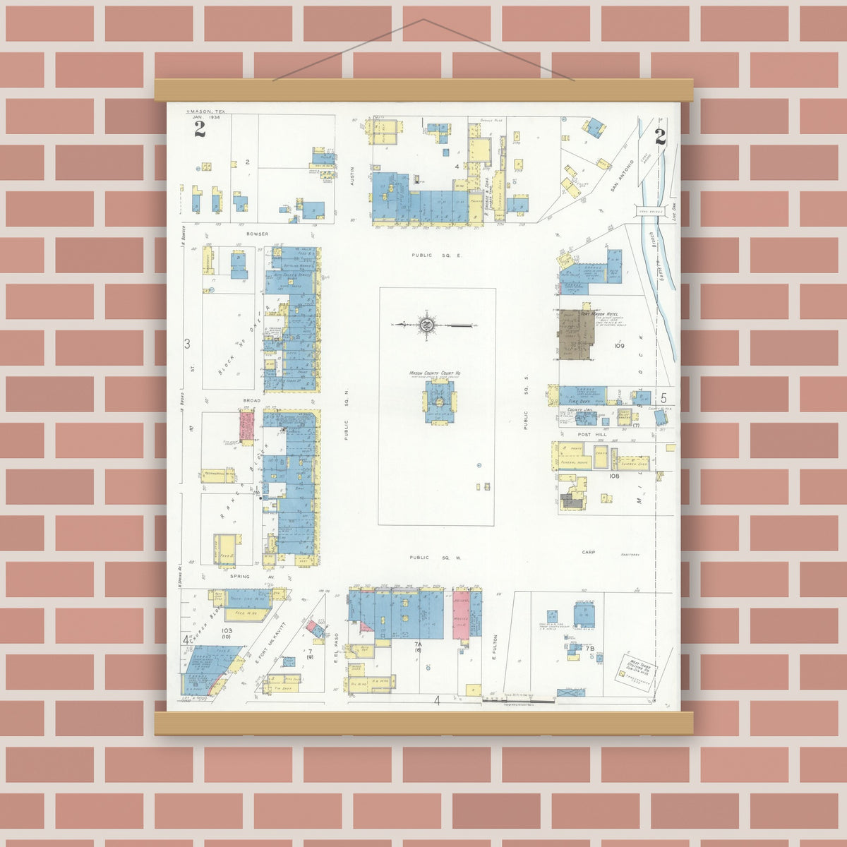Old map wall art mockup — magnetic wood frame on brick wall — Sanborn Fire Insurance Map from Mason, Mason County, Texas (1936), Sheet #0002