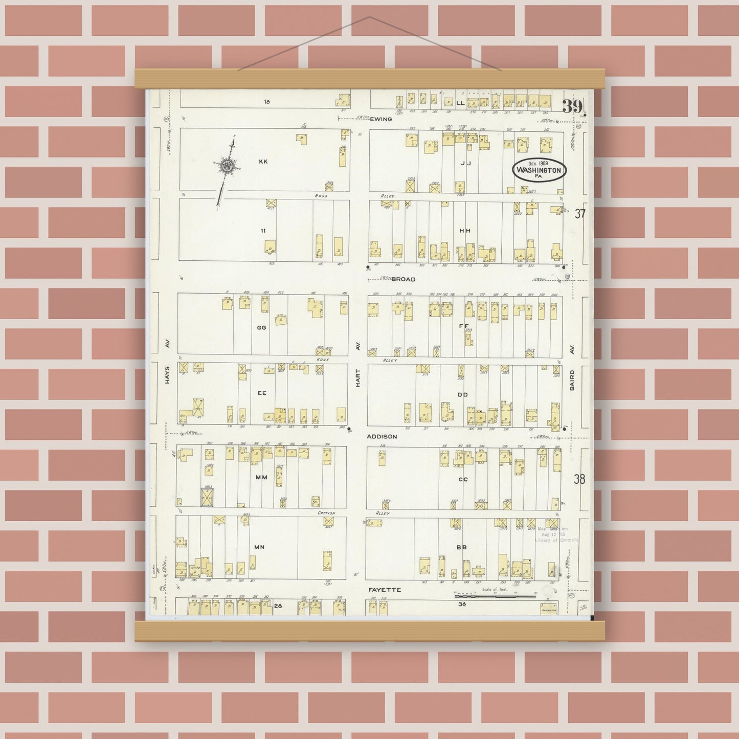 Old map wall art mockup — magnetic wood frame on brick wall — Sanborn Fire Insurance Map from Washington, Washington County, Pennsylvania (1909), Sheet #0039