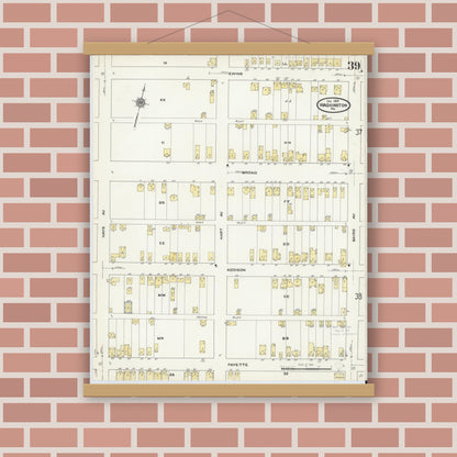 Old map wall art mockup — magnetic wood frame on brick wall — Sanborn Fire Insurance Map from Washington, Washington County, Pennsylvania (1909), Sheet #0039