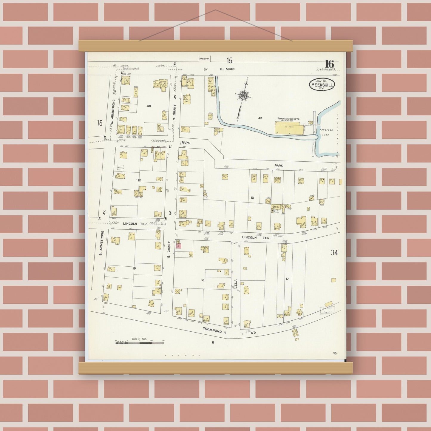 Old map wall art mockup — magnetic wood frame on brick wall — Sanborn Fire Insurance Map from Peekskill, Westchester County, New York (1911), Sheet #0016