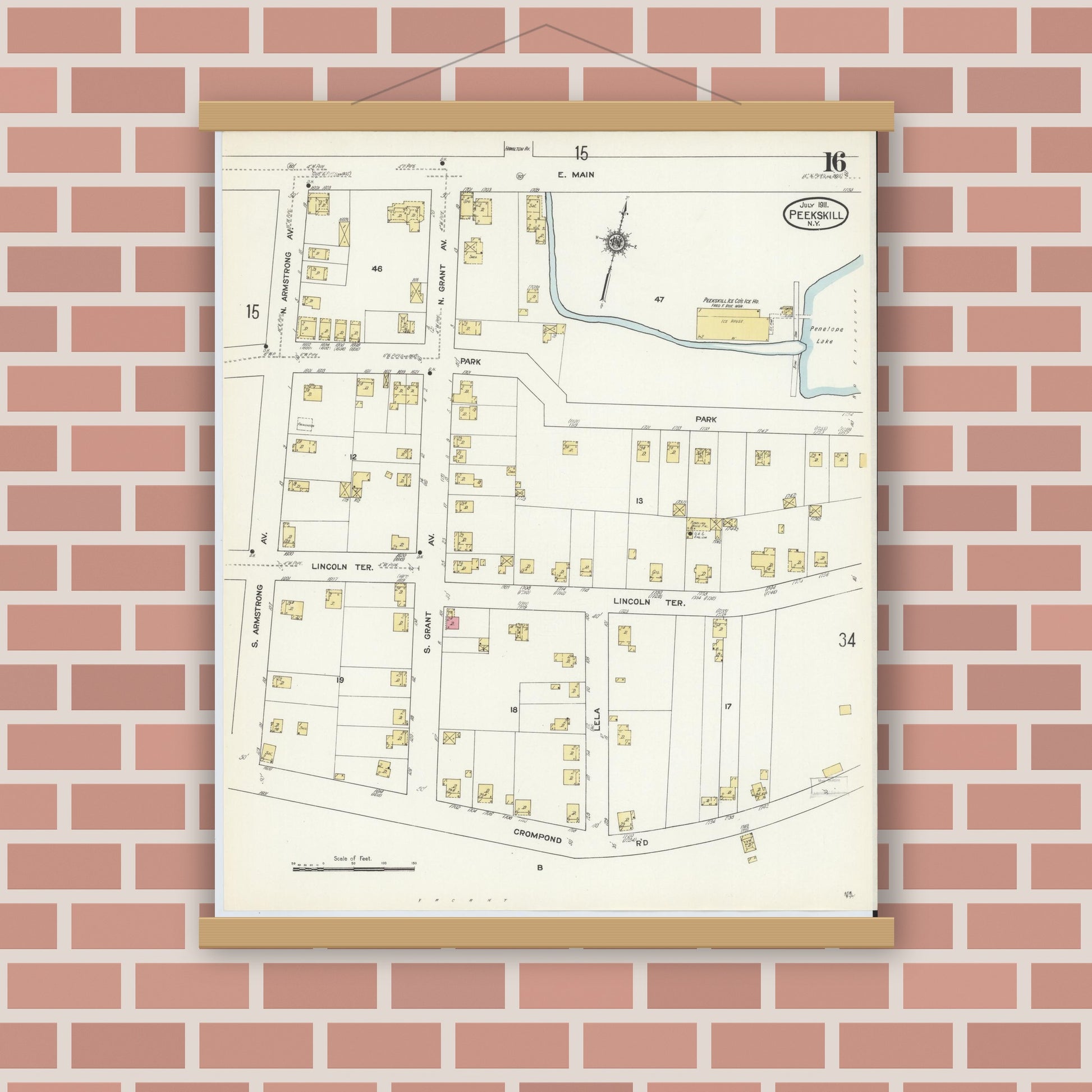 Old map wall art mockup — magnetic wood frame on brick wall — Sanborn Fire Insurance Map from Peekskill, Westchester County, New York (1911), Sheet #0016