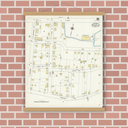 Old map wall art mockup — magnetic wood frame on brick wall — Sanborn Fire Insurance Map from Peekskill, Westchester County, New York (1911), Sheet #0016
