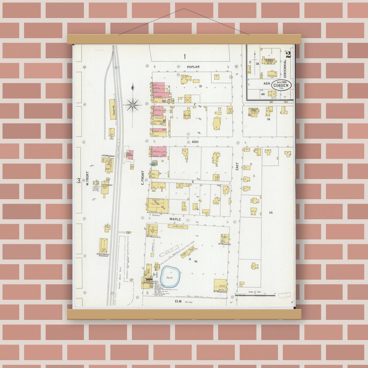 Old map wall art mockup — magnetic wood frame on brick wall — Sanborn Fire Insurance Map from Cobden, Union County, Illinois (1900), Sheet #0002