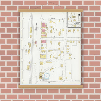 Old map wall art mockup — magnetic wood frame on brick wall — Sanborn Fire Insurance Map from Cobden, Union County, Illinois (1900), Sheet #0002