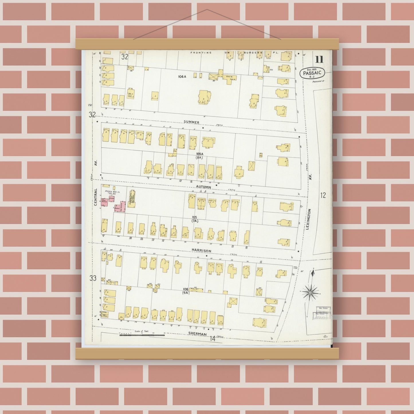 Old map wall art mockup — magnetic wood frame on brick wall — Sanborn Fire Insurance Map from Passaic, Passaic County, New Jersey (1903), Sheet #0011