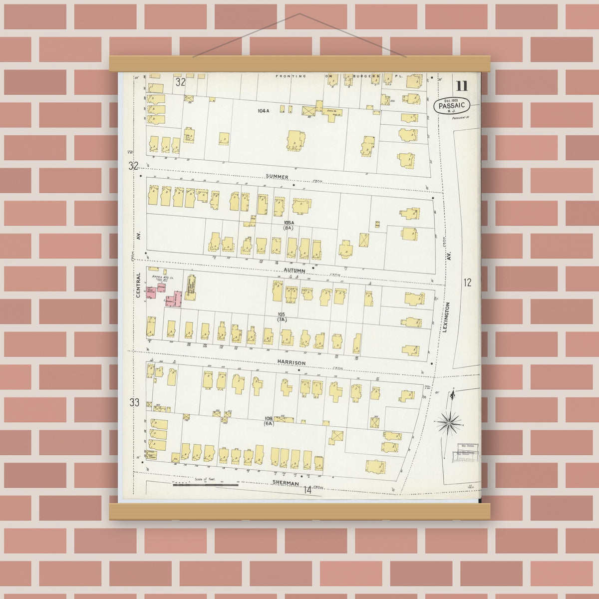 Old map wall art mockup — magnetic wood frame on brick wall — Sanborn Fire Insurance Map from Passaic, Passaic County, New Jersey (1903), Sheet #0011
