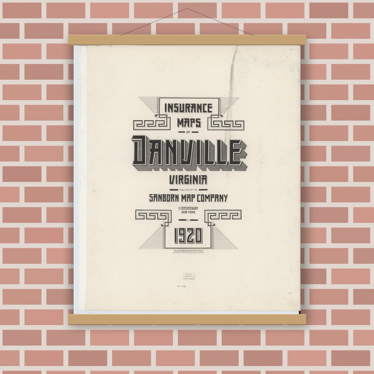 Old map wall art mockup — magnetic wood frame on brick wall — Sanborn Fire Insurance Map from Danville, Independent Cities, Virginia (1920), Sheet #0001