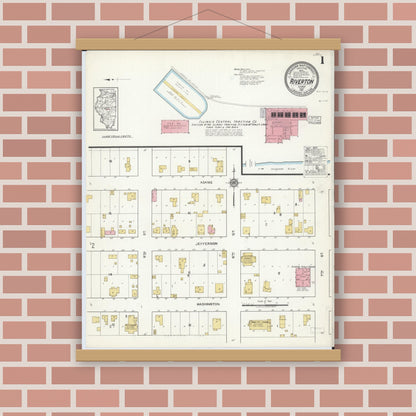 Old map wall art mockup — magnetic wood frame on brick wall — Sanborn Fire Insurance Map from Riverton, Sangamon County, Illinois (1917), Sheet #0001