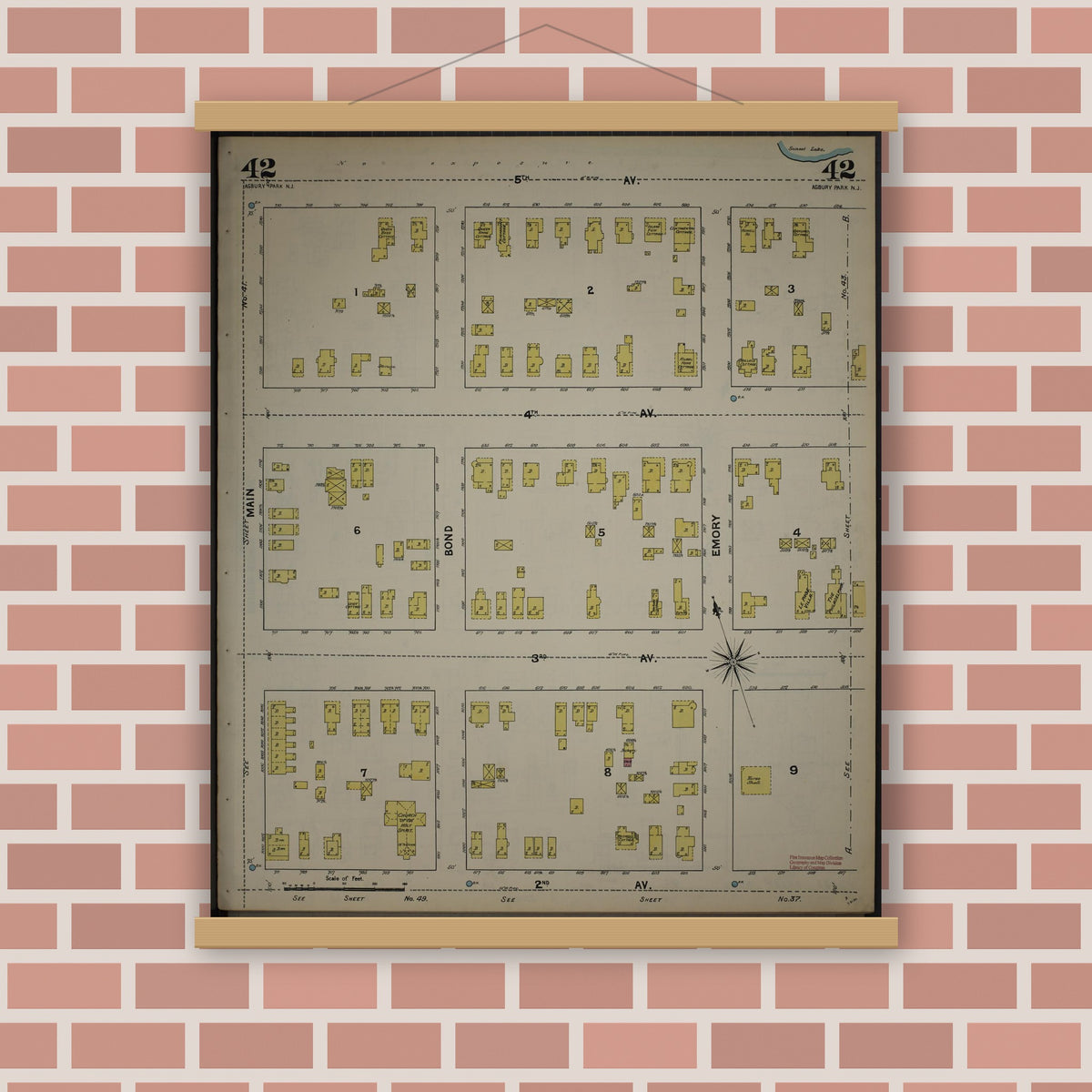 Old map wall art mockup — magnetic wood frame on brick wall — Sanborn Fire Insurance Map from New Jersey Coast, New Jersey Coast, New Jersey (1890), Sheet #0042