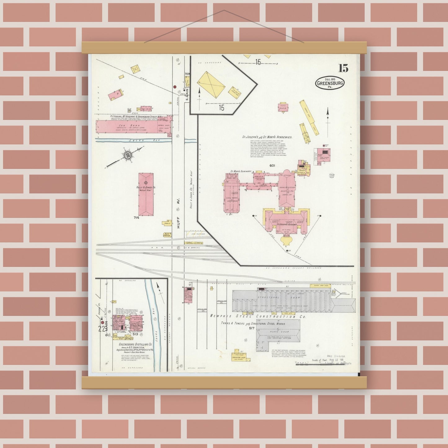 Old map wall art mockup — magnetic wood frame on brick wall — Sanborn Fire Insurance Map from Greensburg, Westmoreland County, Pennsylvania (1915), Sheet #0015